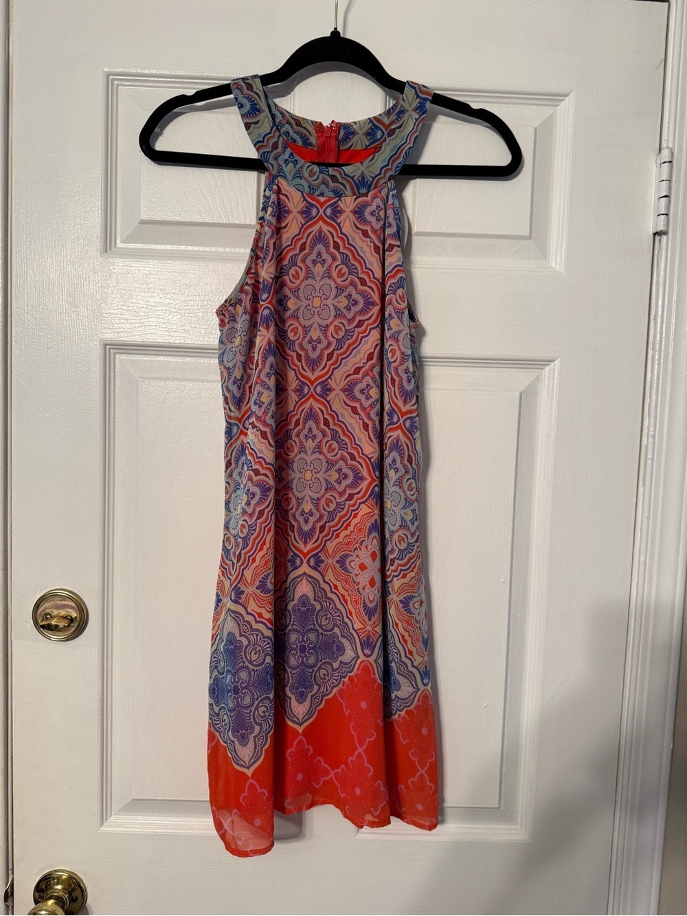 Sleeveless Mini Dress in Coral and Purple Tile Print